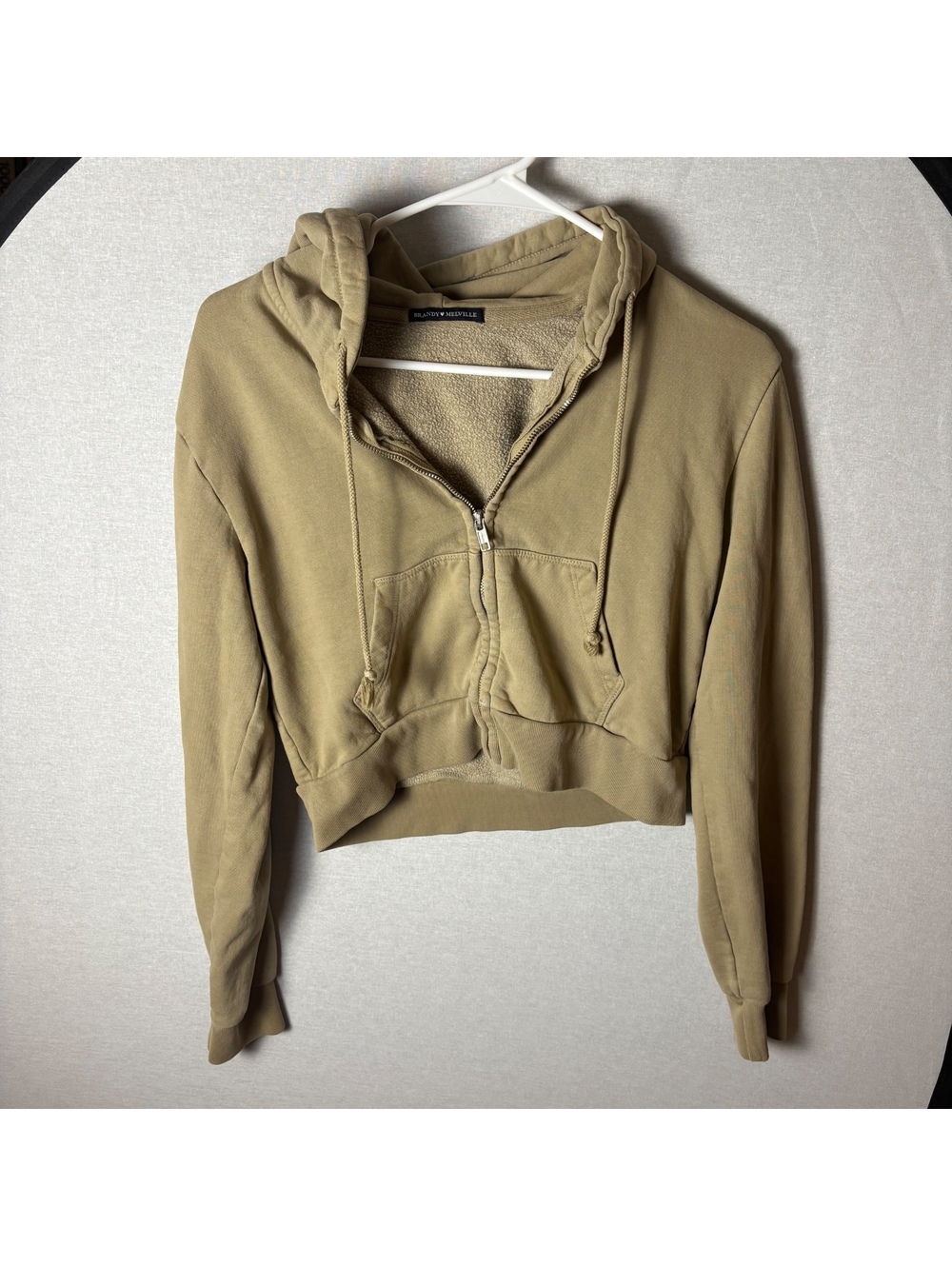 Brandy Melville Cropped Zip-Up Hoodie in Tan
